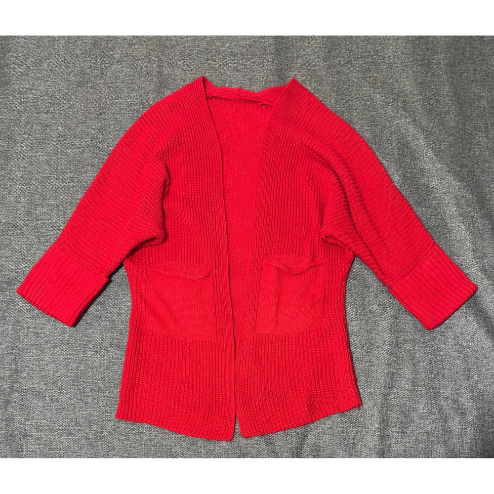 Unbranded Womens 1XL Cardigan Red Ribbed Knit Open Front Pockets Batwing